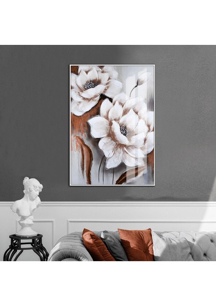 kırmızı-Gri-Beyaz Çiçek Modeli |çerçeveli Temperli Cam Tablo Tekli Dikey