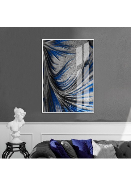 mavi-Gri-Gümüş Kabartmasız Soyut Model 6 |çerçeveli Temperli Cam Tablo Tekli Dikey