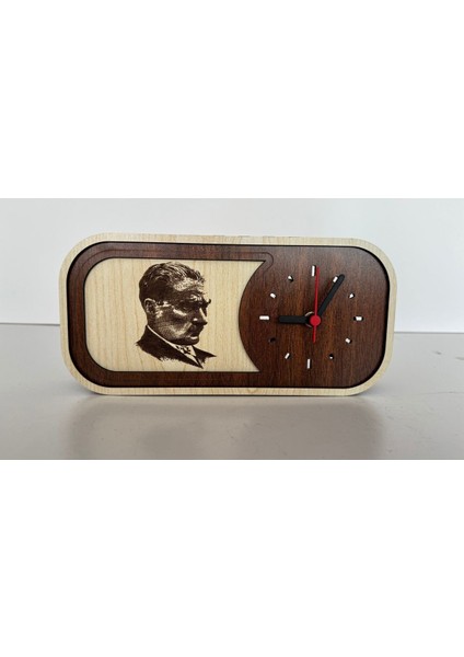 Atatürk Motifli Ahşap Dekoratif El Yapımı Hediyelik Masa Saati-2