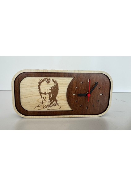Atatürk Motifli Imzalı Ahşap Dekoratif El Yapımı Hediyelik Masa Saati-1
