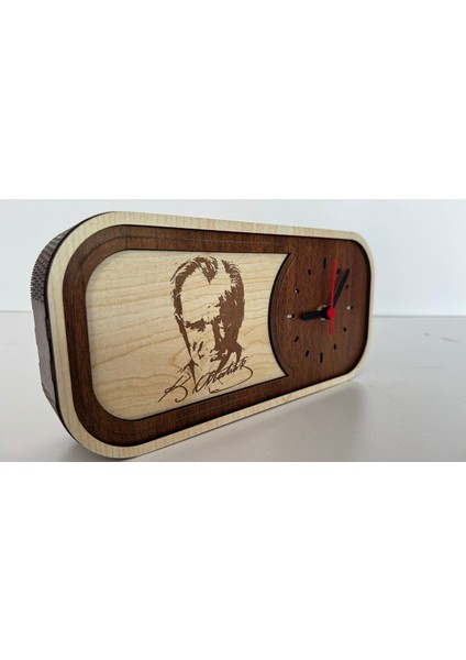 Atatürk Motifli Imzalı Ahşap Dekoratif El Yapımı Hediyelik Masa Saati-1 fiyatları