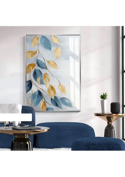 mavi-Gold Renkli Yaprak Desen Model 2|çerçeveli Temperli Cam Tablo Tekli Dikey