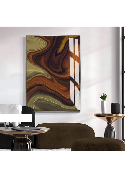 soyut Kahverengi-Yeşil Desenli Model 2|çerçeveli Temperli Cam Tablo Tekli Dikey