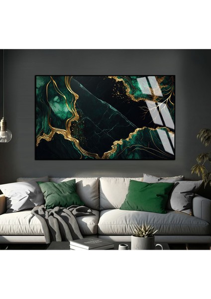 gold Zümrüt Yeşil Soyut Modeli |çerçeveli Temperli Cam Tablo Tekli Yatay