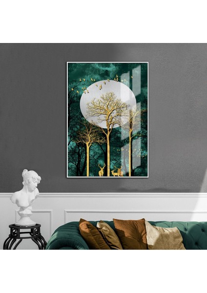 siyah-Yeşil-Gold Geyik Detaylı Model |çerçeveli Temperli Cam Tablo Tekli Dikey