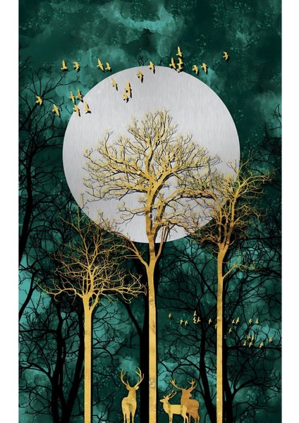 siyah-Yeşil-Gold Geyik Detaylı Model |çerçeveli Temperli Cam Tablo Tekli Dikey fiyatları