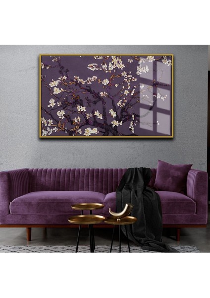 sevilen Çiçek Tablosu 12 Mor Krem |çerçeveli Temperli Cam Tablo Tekli Yatay