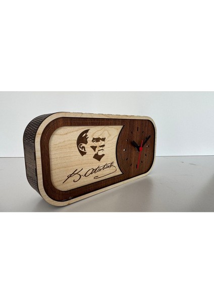 Atatürk Motifli Imzalı Ahşap Dekoratif El Yapımı Hediyelik Masa Saati fiyatları