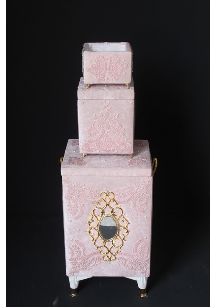 Şık 3'lü aynalı çeyizlik çamaşır sepeti, pudra renk, ahşap tasarım, 60L hacim