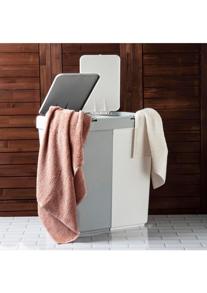 İkili Dokunmatik Kapaklı Çamaşır Sepeti, Beyaz-Gri, 80 L, Plastik, Şık ve Kullanışlı fiyatları