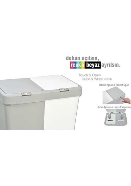 İkili Dokunmatik Kapaklı Çamaşır Sepeti, Beyaz-Gri, 80 L, Plastik, Şık ve Kullanışlı fırsatları