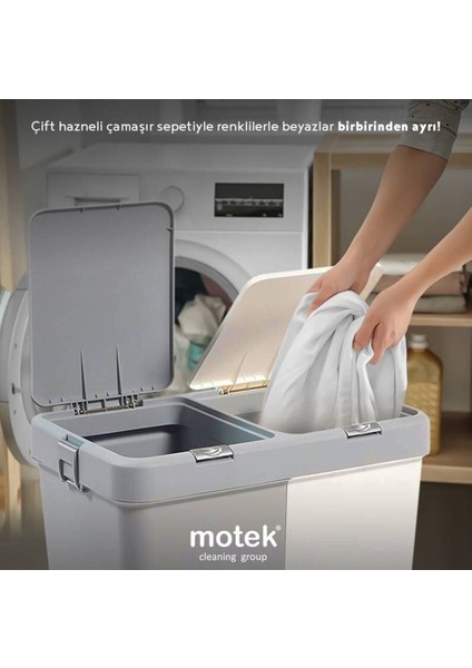 İkili Dokunmatik Kapaklı Çamaşır Sepeti, Beyaz-Gri, 80 L, Plastik, Şık ve Kullanışlı indirimleri