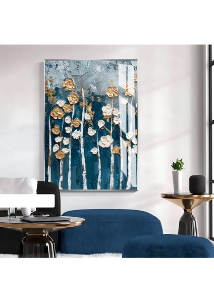 lacivert-Gold Ağaçlı Soyut Model 1|çerçeveli Temperli Cam Tablo Tekli Dikey