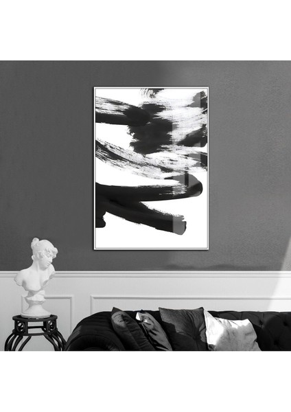 beyaz-Siyah Soyut Model 13 |çerçeveli Temperli Cam Tablo Tekli Dikey