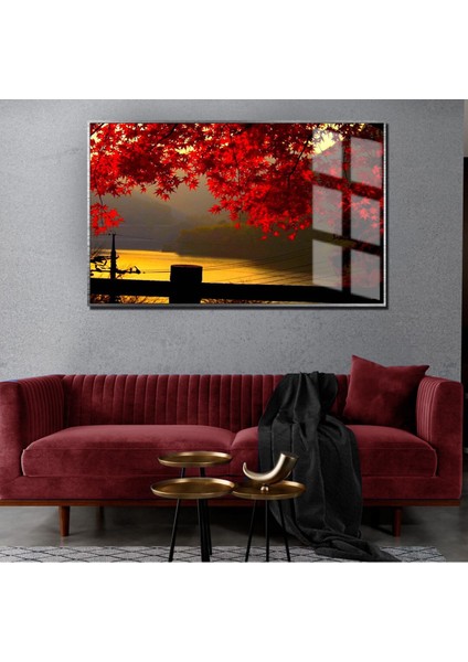 sonbahar Manzaralı Kırmızı Göl Manzarası 1|çerçeveli Temperli Cam Tablo Tekli Yatay