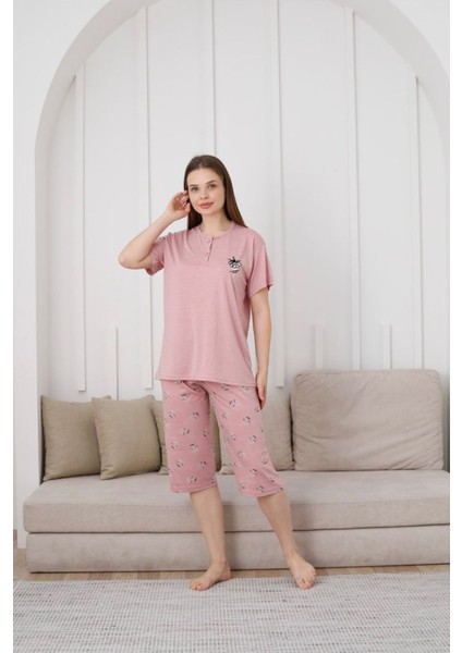 Glisa Gül Kurusu Önden 2 Düğmeli Viskon Kumaş Kısa Kollu Kaprili Bayan Pijama Takımı 6031-GK