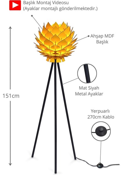 Lotus Metal Ayaklı Yerpuar Anahtarlı Ahşap Modern Tripod Üç Ayaklı Lambader Aydınlatma