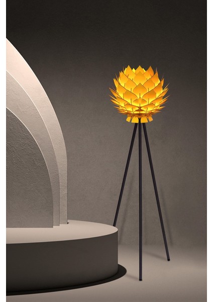 Lotus Metal Ayaklı Yerpuar Anahtarlı Ahşap Modern Tripod Üç Ayaklı Lambader Aydınlatma