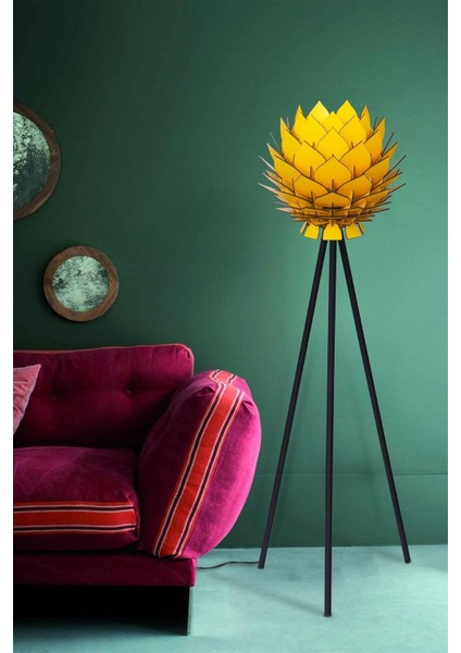 Lotus Metal Ayaklı Yerpuar Anahtarlı Ahşap Modern Tripod Üç Ayaklı Lambader Aydınlatma