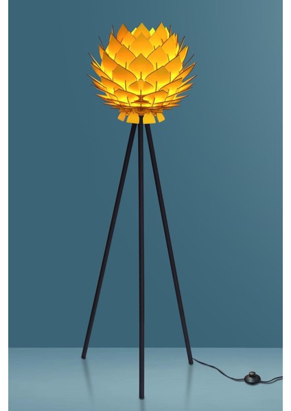 Lotus Metal Ayaklı Yerpuar Anahtarlı Ahşap Modern Tripod Üç Ayaklı Lambader Aydınlatma
