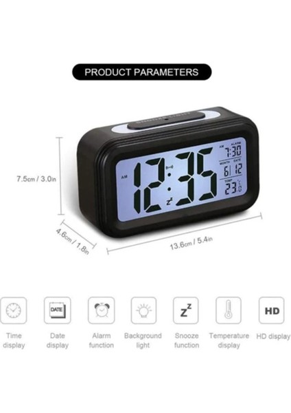 LED Dijital Çalar Saat Arka Işık Erteleme Sessiz Takvim Masaüstü Elektronik Arka Işık (Siyah)