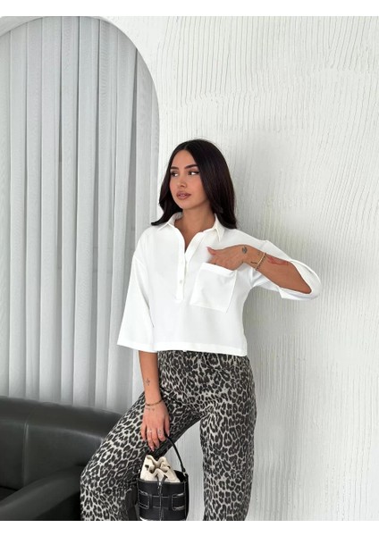 Kadın Crop Yakalı Gömlek Üç Çeyrek Sleeve Kol - Beyaz
