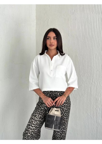 Kadın Crop Yakalı Gömlek Üç Çeyrek Sleeve Kol - Beyaz fiyatları