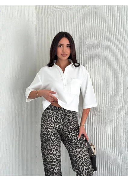 Kadın Crop Yakalı Gömlek Üç Çeyrek Sleeve Kol - Beyaz fırsatları
