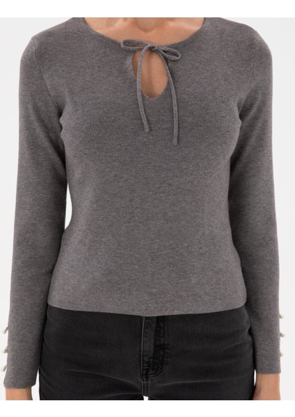 Kadın Gri Melanj Slim Fit Kazak 50290555-VR086