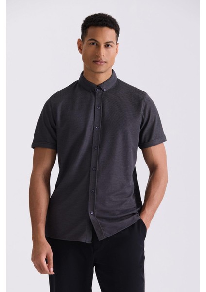 Antrasit Slim Fit Gömlek Yaka Düğmeli T-Shirt