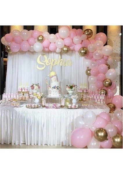 50' Li Pembe-Metalik Beyaz-Krom Gold Doğum Günü Konsepti Balon Zinciri Seti