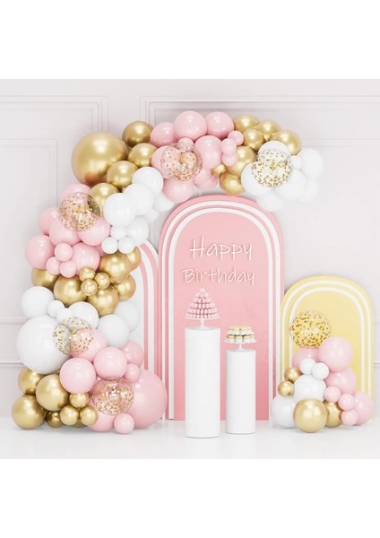 50' Li Pembe-Metalik Beyaz-Krom Gold Doğum Günü Konsepti Balon Zinciri Seti fiyatları