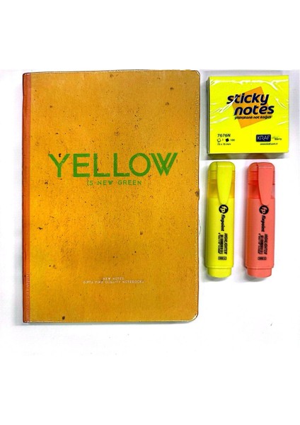 New Notes Iplik Dikişli Sert Kapak Yellow Defter-Fosforlu Kalem(2 Ad.)-Yapışkanlı Not Kağıdı-Set 1