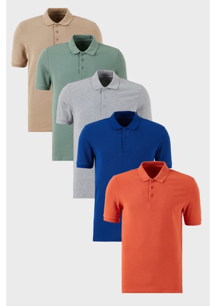 Pamuklu Regular Fit Düğmeli Polo Yaka 5'li Paket T Shirt Erkek T Shirt 5902127S5