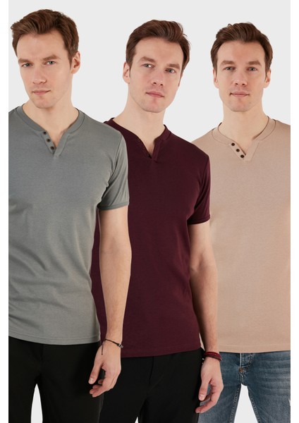 Pamuklu Düğme Detaylı Slim Fit V Yaka 3'lü Paket T Shirt Erkek T Shirt 5902122S3