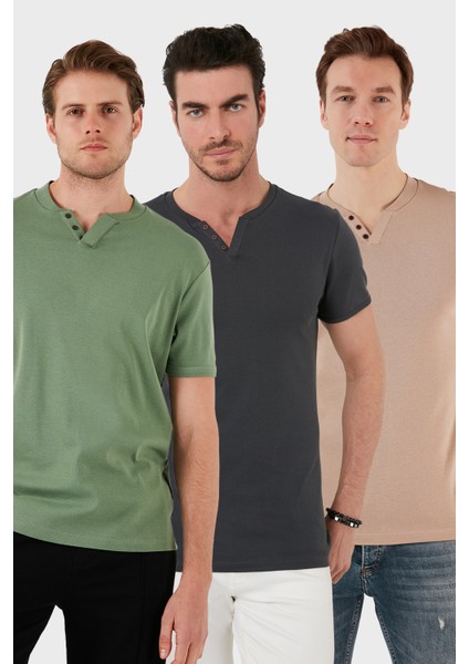 Pamuklu Düğme Detaylı Slim Fit V Yaka 3'lü Paket T Shirt Erkek T Shirt 5902122S3