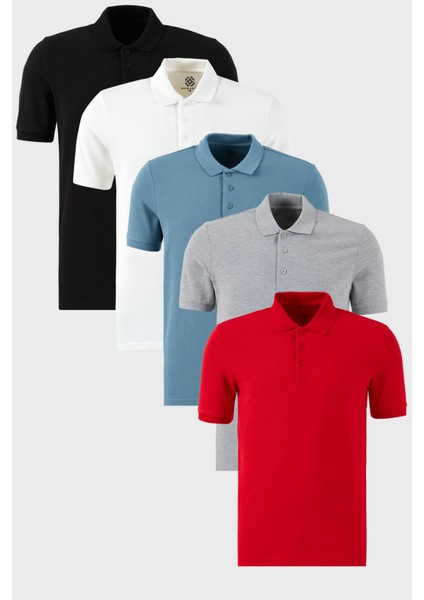 Pamuklu Regular Fit Düğmeli Polo Yaka 5'li Paket T Shirt Erkek T Shirt 5902127S5