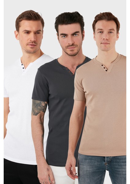 Pamuklu Düğme Detaylı Slim Fit V Yaka 3'lü Paket T Shirt Erkek T Shirt 5902122S3