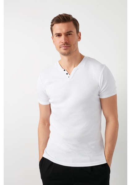 Pamuklu Düğme Detaylı Slim Fit V Yaka 3'lü Paket T Shirt Erkek T Shirt 5902122S3 fiyatları