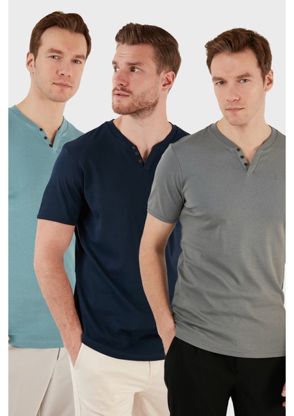 Pamuklu Düğme Detaylı Slim Fit V Yaka 3'lü Paket T Shirt Erkek T Shirt 5902122S3