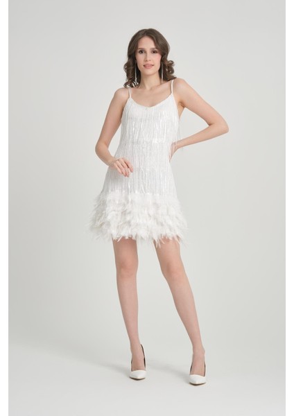 Püsküllü Beyaz Mini Abiye Elbise modelleri