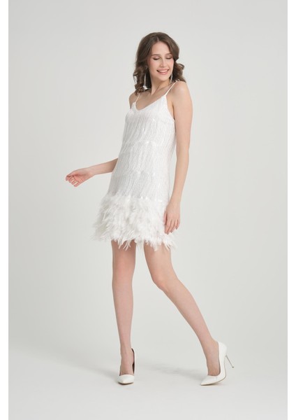 Püsküllü Beyaz Mini Abiye Elbise fırsatları