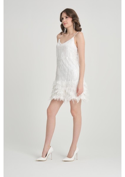 Püsküllü Beyaz Mini Abiye Elbise indirimleri