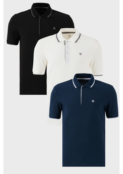 Pamuklu Slim Fit Şerit Detaylı Düğmeli Polo Yaka 3'lü T Shirt Erkek T Shirt 5902118S3