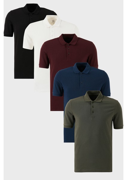 Pamuklu Regular Fit Düğmeli Polo Yaka 5'li Paket T Shirt Erkek T Shirt 5902127S5