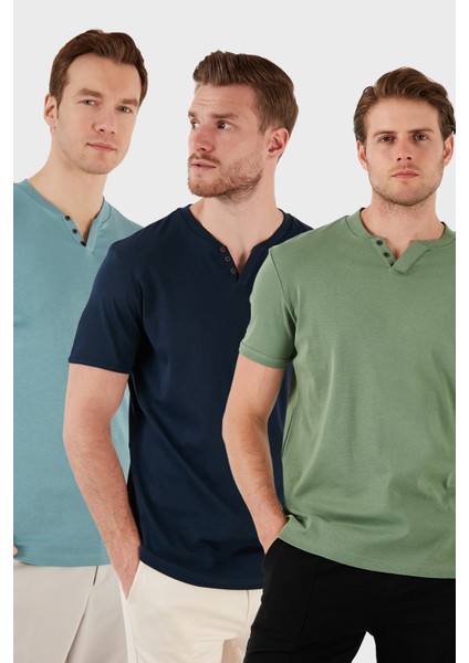 Pamuklu Düğme Detaylı Slim Fit V Yaka 3'lü Paket T Shirt Erkek T Shirt 5902122S3
