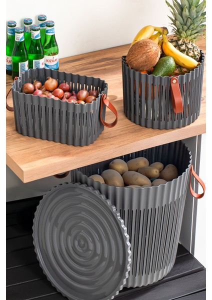 Antrasit 3'lü Sepet Seti – Banyo ve Mutfak Organizeri, Plastik, Gri, Orta Hacim