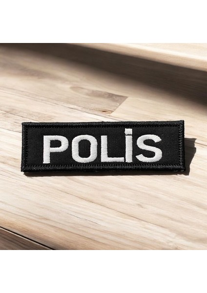 Siyah Zemin Beyaz Nakış Polis Yazılı Peç Arma - 10X3 cm