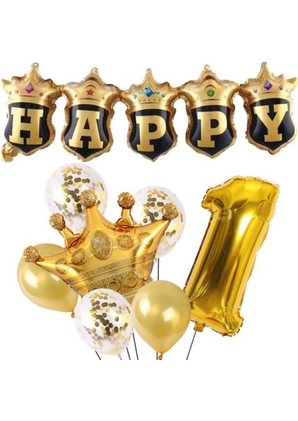 Happy Yazılı Gold Konfetili 1 Yaş Rakam Balon Set