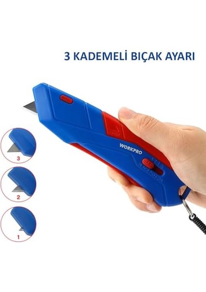 - WP213010 Kemer Askı Kancalı Otomatik Geri Çekilebilir Mandallı Rötuş Maket Bıçağı + 3 Adet Yedek Bıçak
